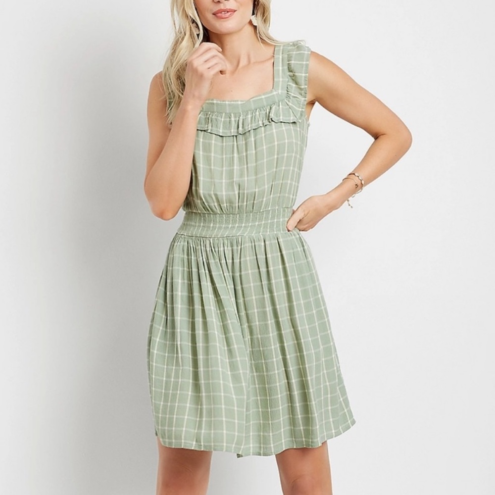 MAURICES LIGHT GREEN PLAID RUFFLE TRIM MINI DRESS